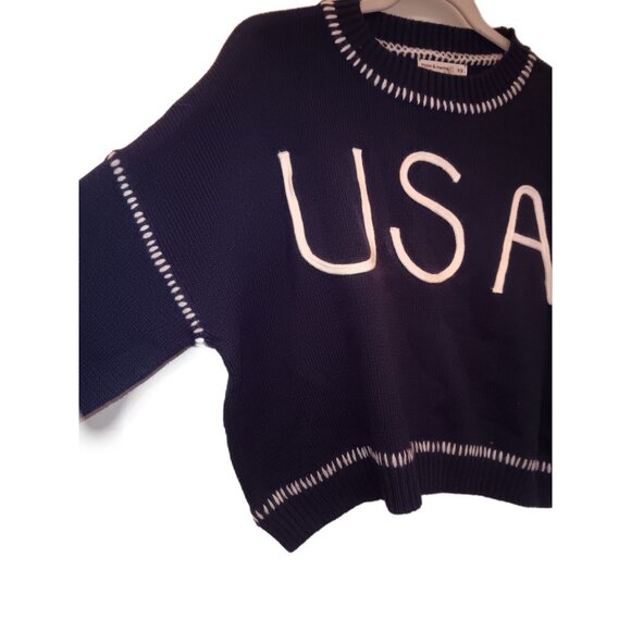 Anthropologie Moon & Madison Blue Oversized Cropped USA Knit Sweater Sz XS - Picture 3 of 6